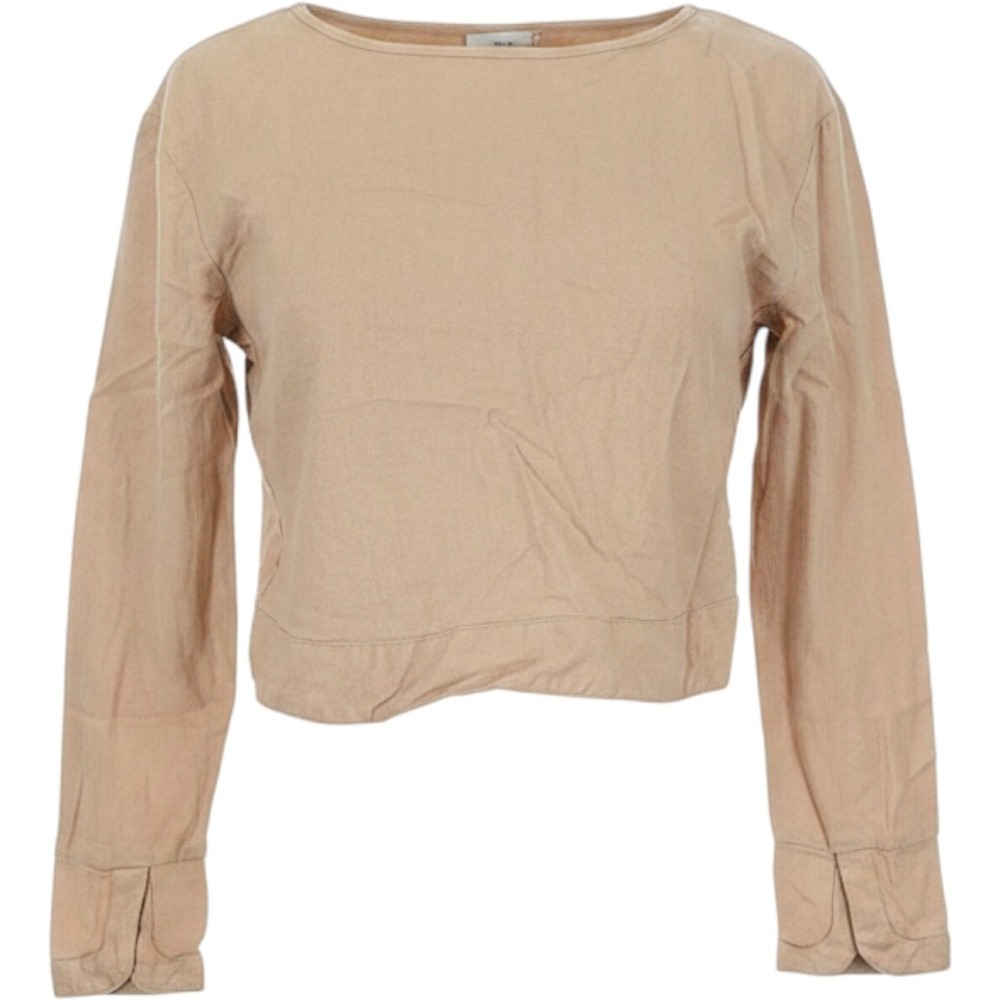 Coco Linen Crop Top Womens 8 Tan Excellent Long Sleeve Boat Neck Back Split Hem